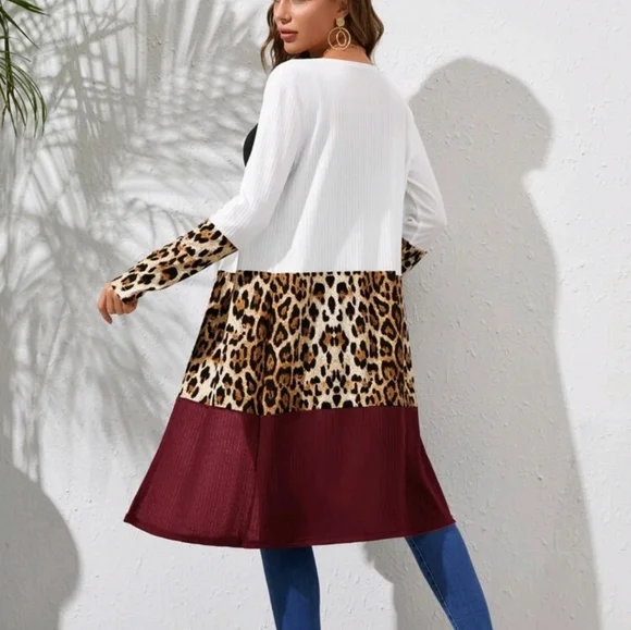 Color-block Leopard Print Open Front light knitted Coat cardigan - Picture 2 of 6